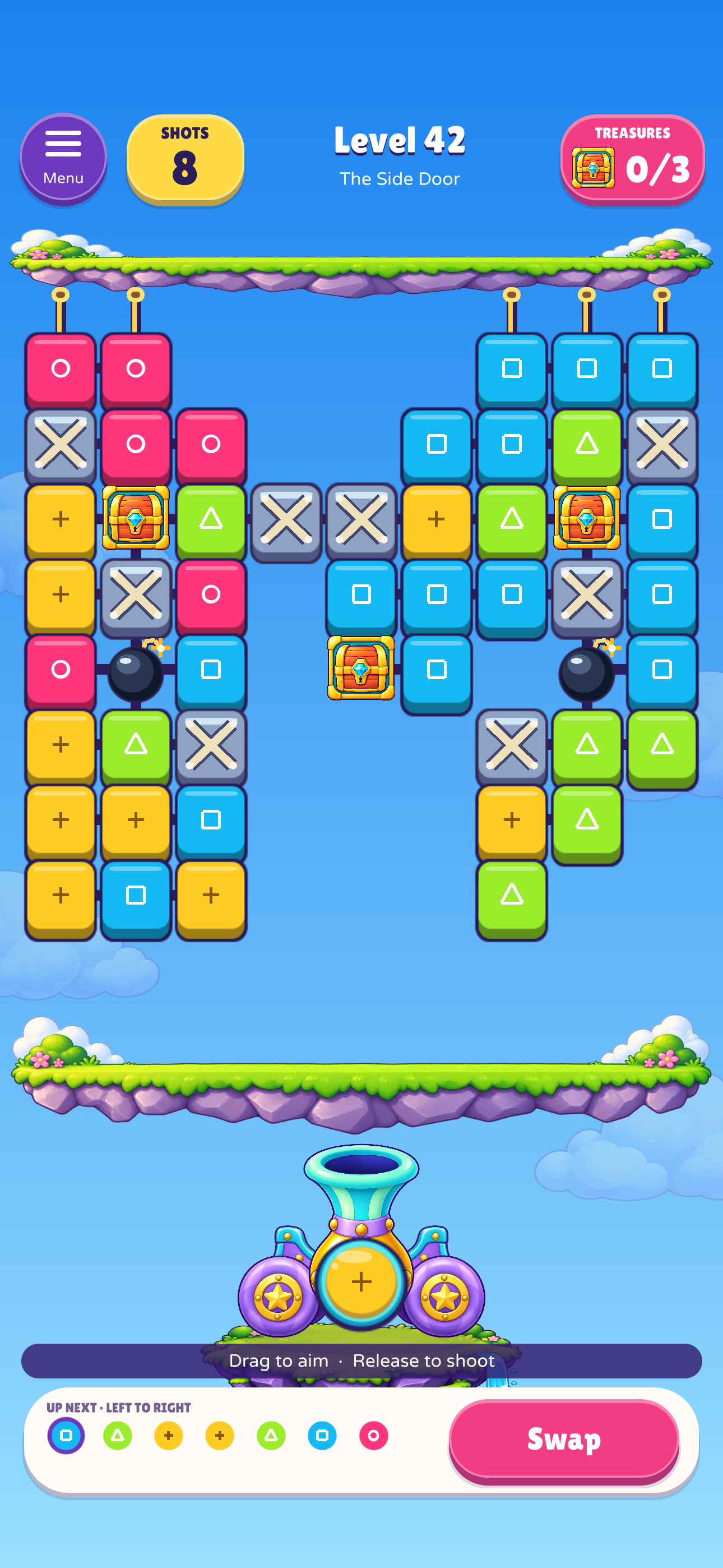 A real Collapse! gameplay screen showing Level 42, its blocks, treasures and cannon.
