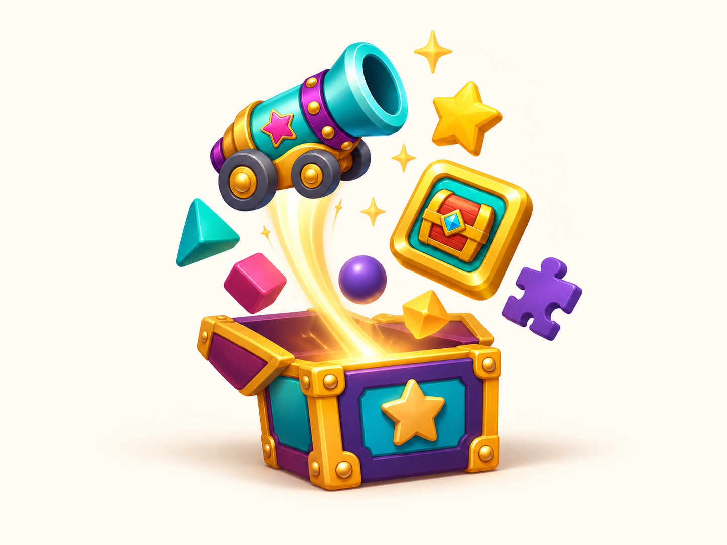 A toy box opens to reveal the Collapse! cannon, a treasure block and colourful game pieces.